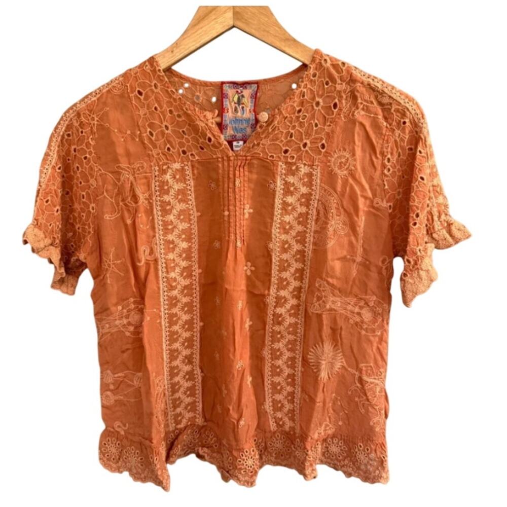 Johnny Was XS Orange Mystic Compass Embroidered Blouse sz xs